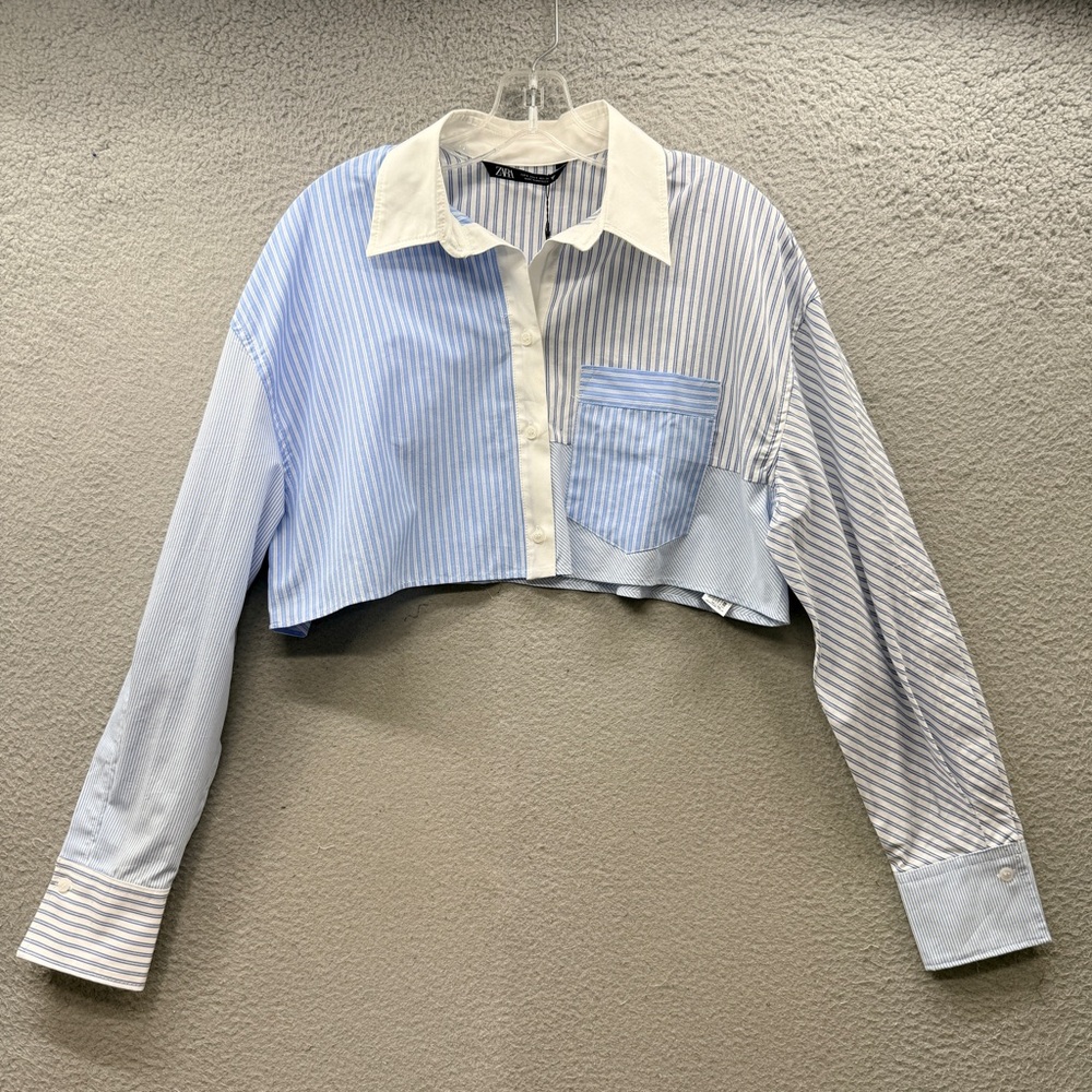 NWT Zara Blue Striped Patchwork Cropped Long Sleeve Button Up Top Shirt Size S - Picture 1 of 12